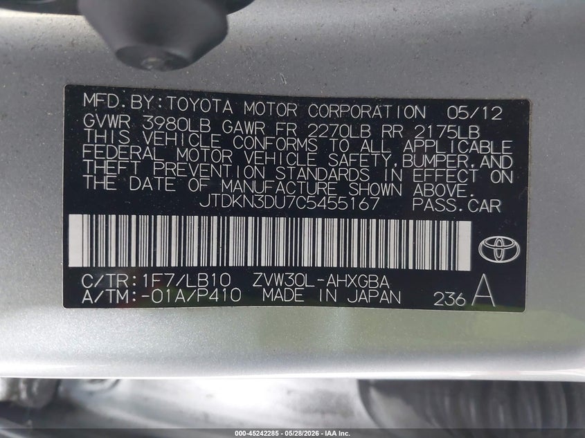 2012 Toyota Prius VIN JTDKN3DU7C5455167 IAAI salvage auction — NORMAL WEAR, Salvage (Montana), sold $1,600 on 2026-07-28 (photo 9)