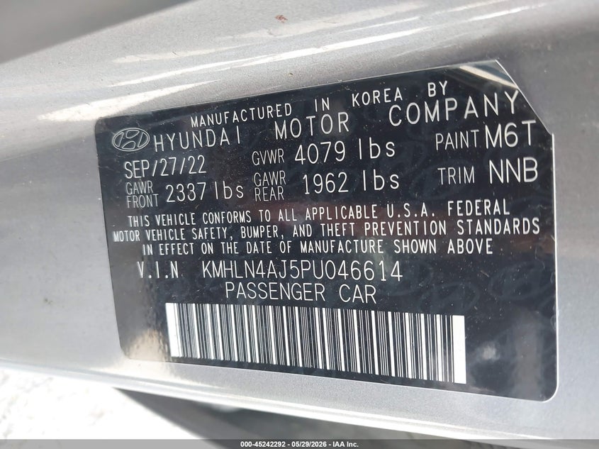 2023 Hyundai Elantra VIN KMHLN4AJ5PU046614 IAAI salvage auction — FRONT END, Salvage Title, sold $7,800 on 2026-07-18 (photo 9)