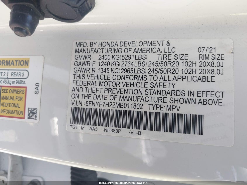 2021 Honda Passport VIN 5FNYF7H22MB011802 IAAI salvage auction — REAR END, Salvage Title, sold $8,250 on 2026-08-24 (photo 9)