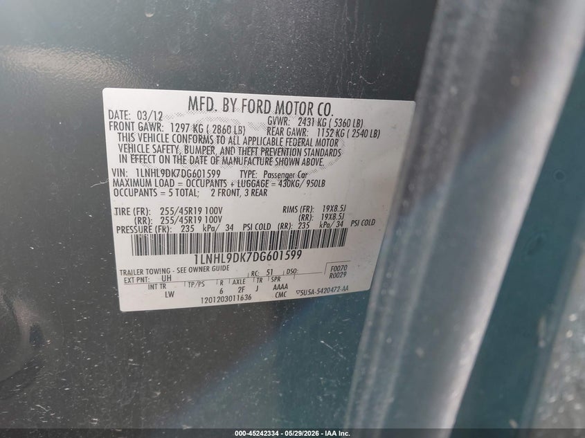 2013 Lincoln Mks VIN 1LNHL9DK7DG601599 IAAI salvage auction — SIDE, Original (Texas), sold $550 on 2026-07-29 (photo 9)