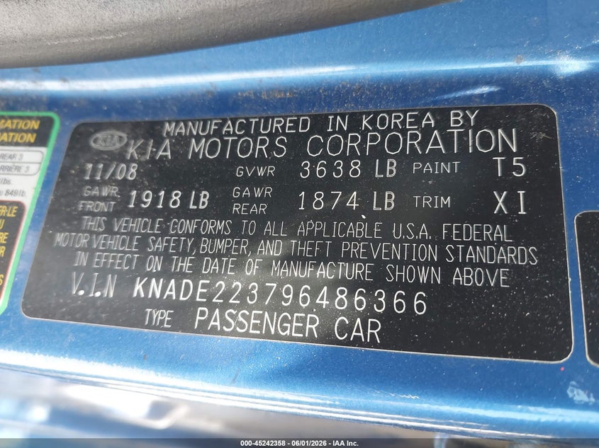 2009 Kia Rio VIN KNADE223796486366 IAAI salvage auction — REAR END, Salvage (California), sold $250 on 2026-07-20 (photo 9)