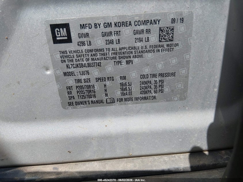 2020 Chevrolet Trax VIN KL7CJKSB4LB037742 IAAI salvage auction — REPOSSESSION, Salvage Title, sold $650 on 2026-07-28 (photo 9)
