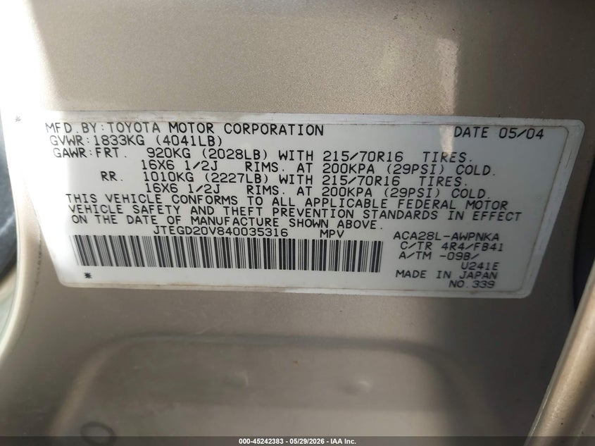 2004 Toyota Rav4 VIN JTEGD20V840035316 IAAI salvage auction — NORMAL WEAR, Enterprise Vehicles Clear Only (Texas), sold $150 on 2026-07-21 (photo 9)