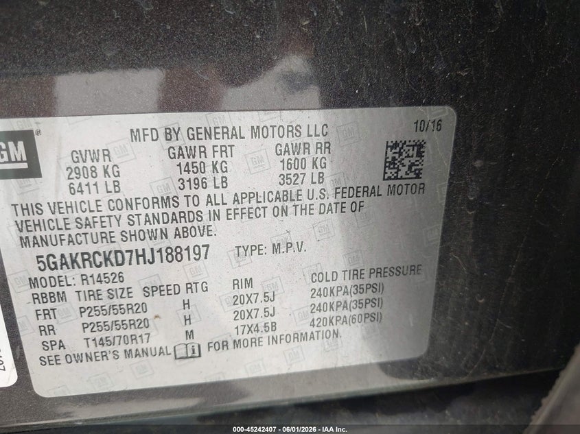 2017 Buick Enclave VIN 5GAKRCKD7HJ188197 IAAI salvage auction — HAIL, Original (Texas), sold $1,400 on 2026-07-27 (photo 9)
