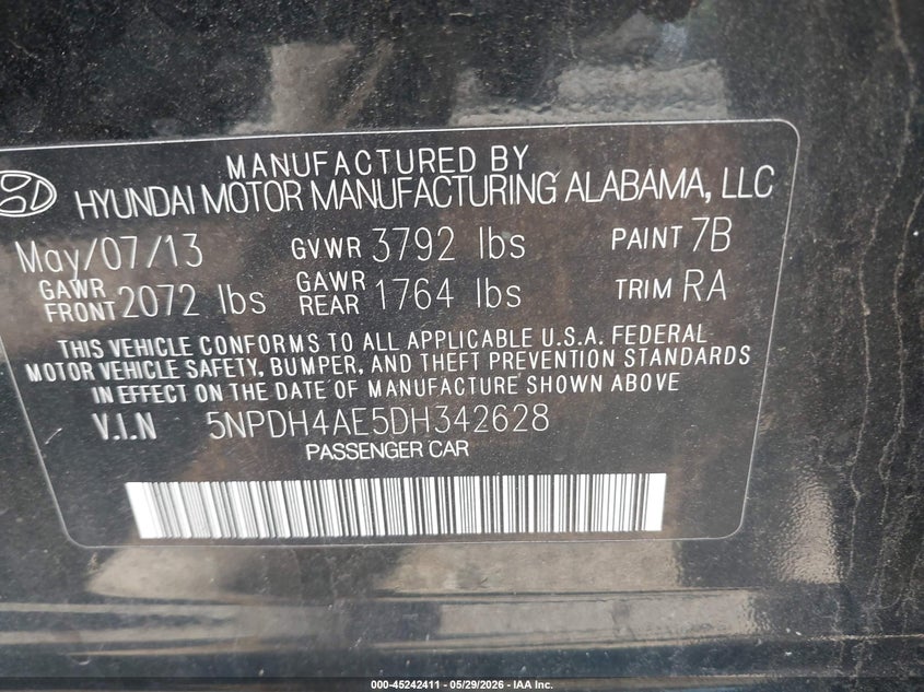 2013 Hyundai Elantra VIN 5NPDH4AE5DH342628 IAAI salvage auction — UNDERCARRIAGE, Salvage Title, sold $550 on 2026-07-29 (photo 9)