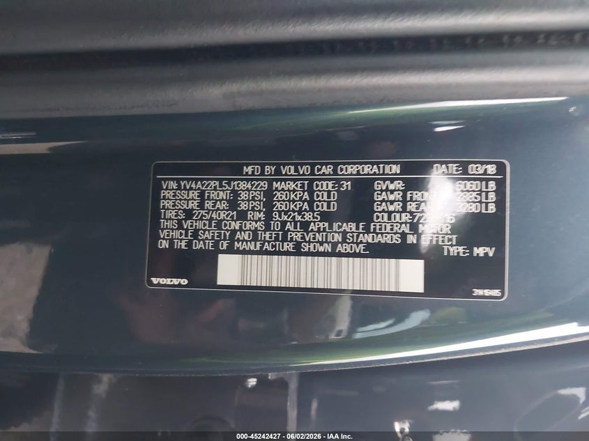 2018 Volvo Xc90 VIN YV4A22PL5J1384229 IAAI salvage auction — FRONT END, Salvage Title, sold $3,525 on 2026-07-23 (photo 9)