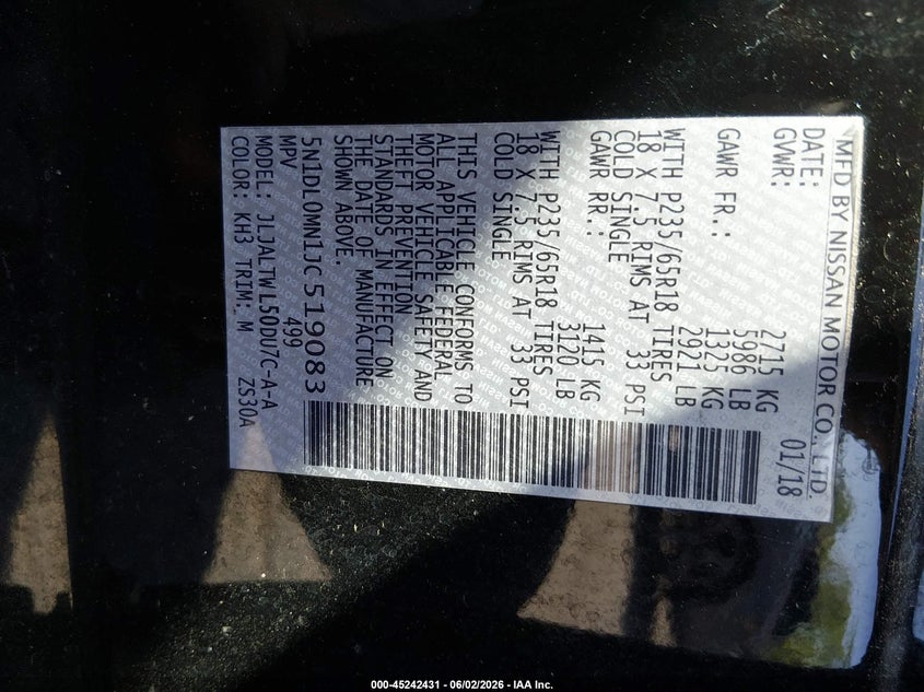 2018 Infiniti Qx60 VIN 5N1DL0MN1JC519083 IAAI salvage auction — FRONT & REAR, Salvage Title, sold $2,750 on 2026-07-20 (photo 9)
