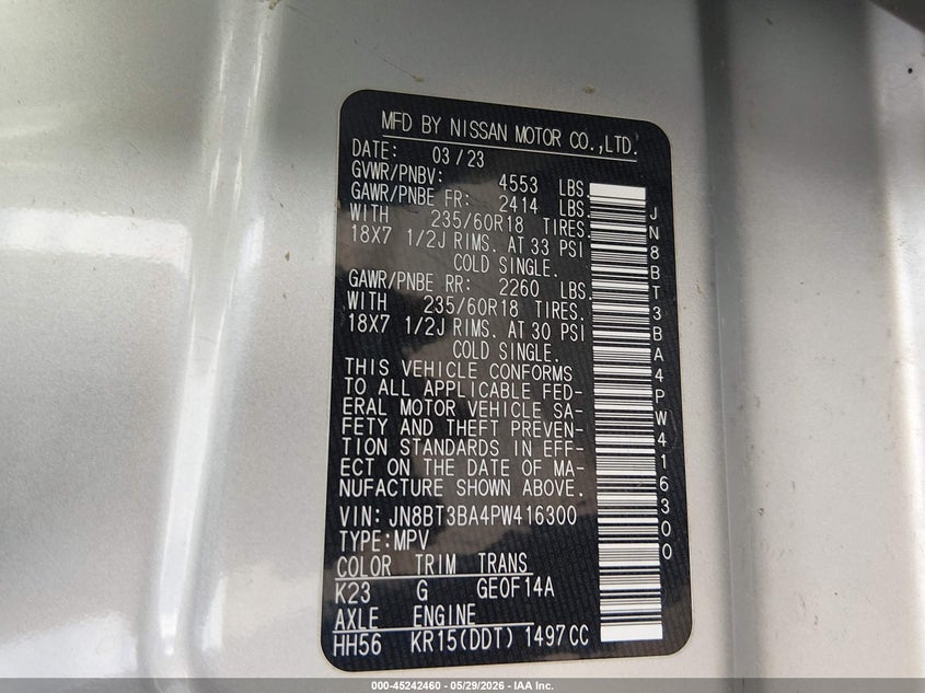 2023 Nissan Rogue VIN JN8BT3BA4PW416300 IAAI salvage auction — LEFT FRONT, Salvage Title, sold $3,300 on 2026-07-15 (photo 9)