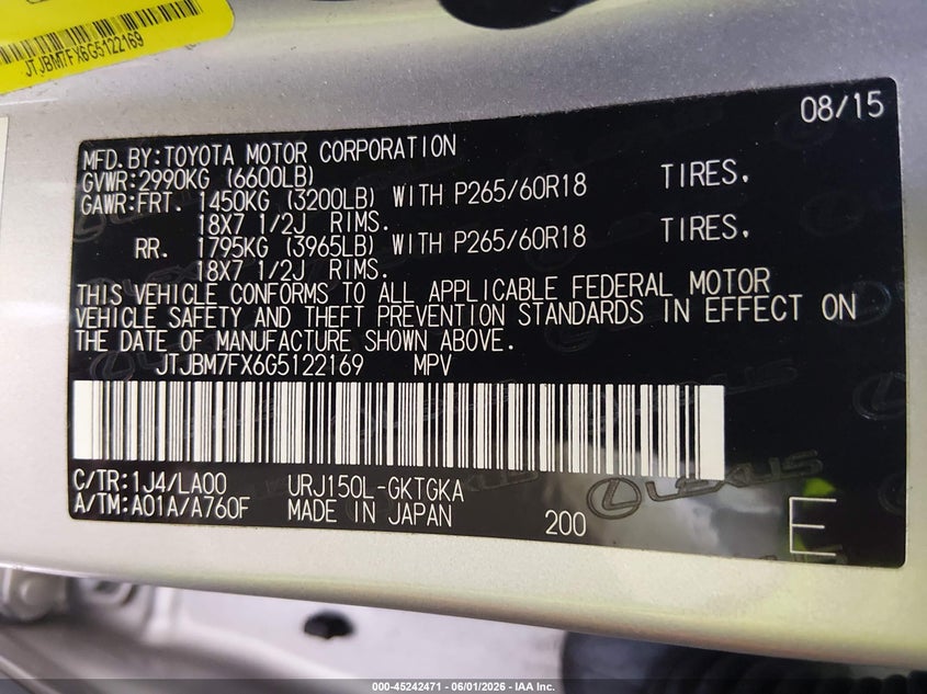 2016 Lexus Gx VIN JTJBM7FX6G5122169 IAAI salvage auction — FRONT END, Salvage (South Carolina), sold $9,700 on 2026-07-28 (photo 9)