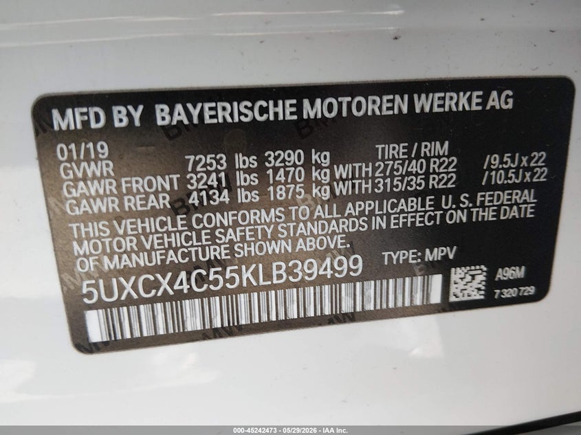 2019 BMW X7 VIN 5UXCX4C55KLB39499 IAAI salvage auction — Front End, Salvage (Arizona), sold $27,500 on 2026-06-16 (photo 9)