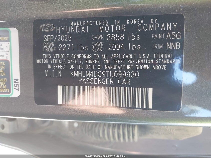 2026 Hyundai Elantra VIN KMHLM4DG9TU099930 IAAI salvage auction — FRONT END, Salvage Title, sold $4,000 on 2026-07-28 (photo 9)