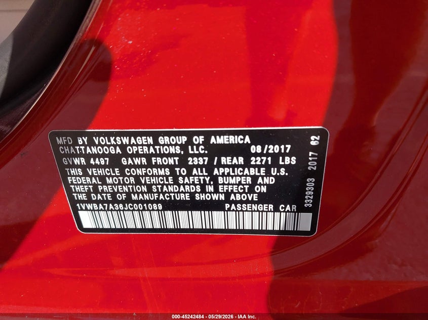 2018 Volkswagen Passat VIN 1VWBA7A36JC001089 IAAI salvage auction — REAR END, Salvage (Utah), sold $3,850 on 2026-07-09 (photo 9)