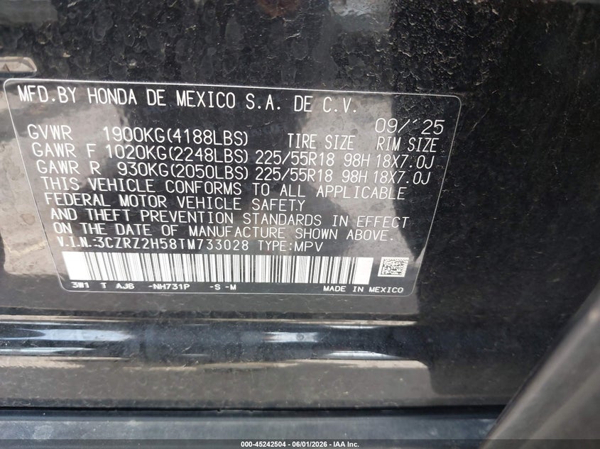 2026 Honda Hr-v VIN 3CZRZ2H58TM733028 IAAI salvage auction — HAIL, Salvage Title, sold $25 on 2026-07-31 (photo 9)