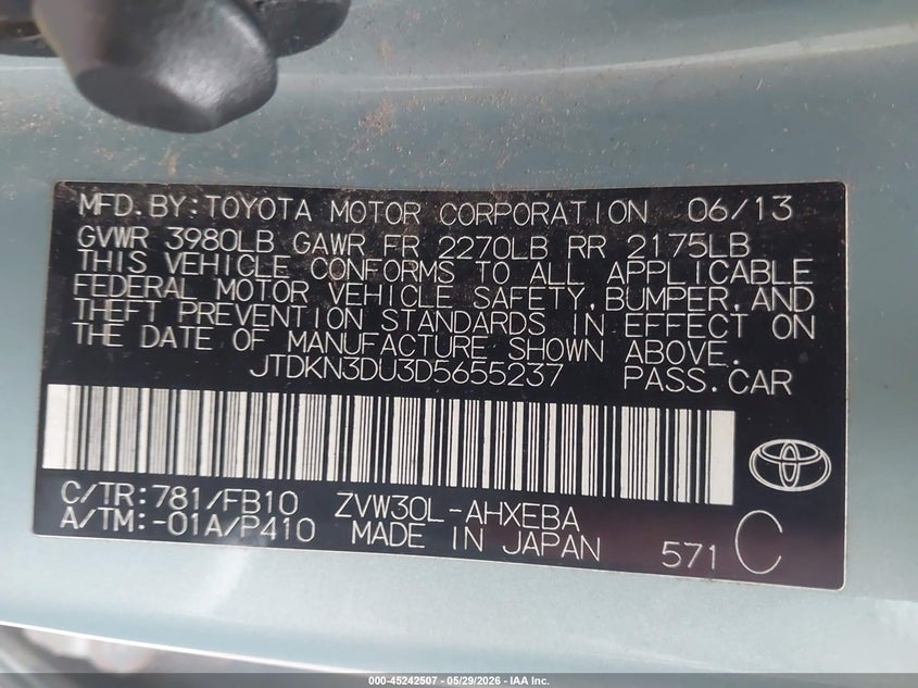 2013 Toyota Prius VIN JTDKN3DU3D5655237 IAAI salvage auction — NORMAL WEAR, Clear (New Mexico), sold $1,450 on 2026-07-08 (photo 9)