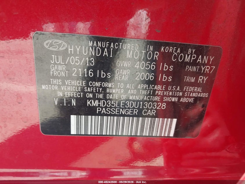 2013 Hyundai Elantra VIN KMHD35LE3DU130328 IAAI salvage auction — FRONT & REAR, Salvage Title, sold $650 on 2026-07-15 (photo 9)