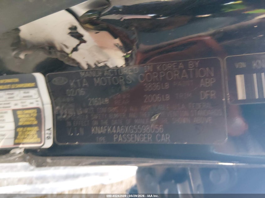 2016 Kia Forte VIN KNAFK4A6XG5598056 IAAI salvage auction — ALL OVER, Salvage Title, sold $225 on 2026-07-14 (photo 9)