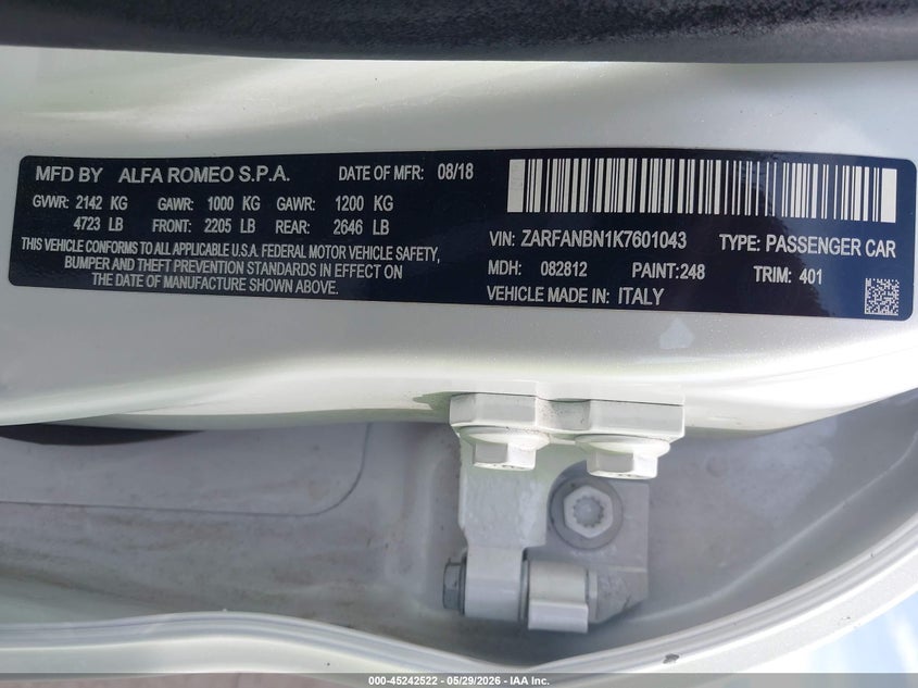 2019 Alfa romeo Giulia VIN ZARFANBN1K7601043 IAAI salvage auction — SUSPENSION, Original (Texas), sold $6,300 on 2026-07-31 (photo 9)