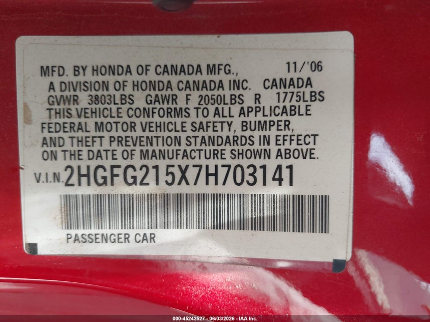 2007 Honda Civic VIN 2HGFG215X7H703141 IAAI salvage auction — REAR END, Salvage (California), sold $2,200 on 2026-07-09 (photo 9)