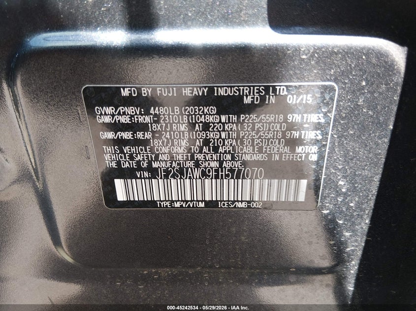 2015 Subaru Forester VIN JF2SJAWC9FH577070 IAAI salvage auction — FRONT END, Salvage Title, sold $1,375 on 2026-07-23 (photo 9)