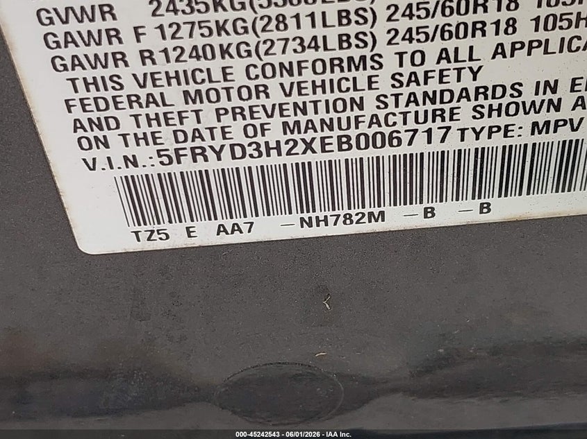 2014 Acura Mdx VIN 5FRYD3H2XEB006717 IAAI salvage auction — HAIL, Salvage Title, sold $3,875 on 2026-07-24 (photo 9)