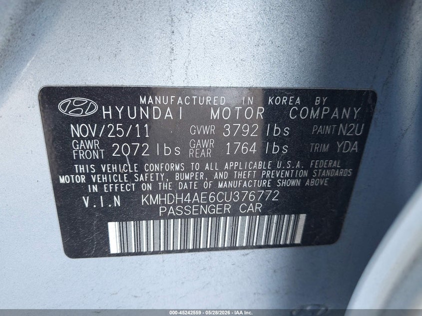 2012 Hyundai Elantra VIN KMHDH4AE6CU376772 IAAI salvage auction — RIGHT REAR, Salvage Title, sold $525 on 2026-07-23 (photo 9)