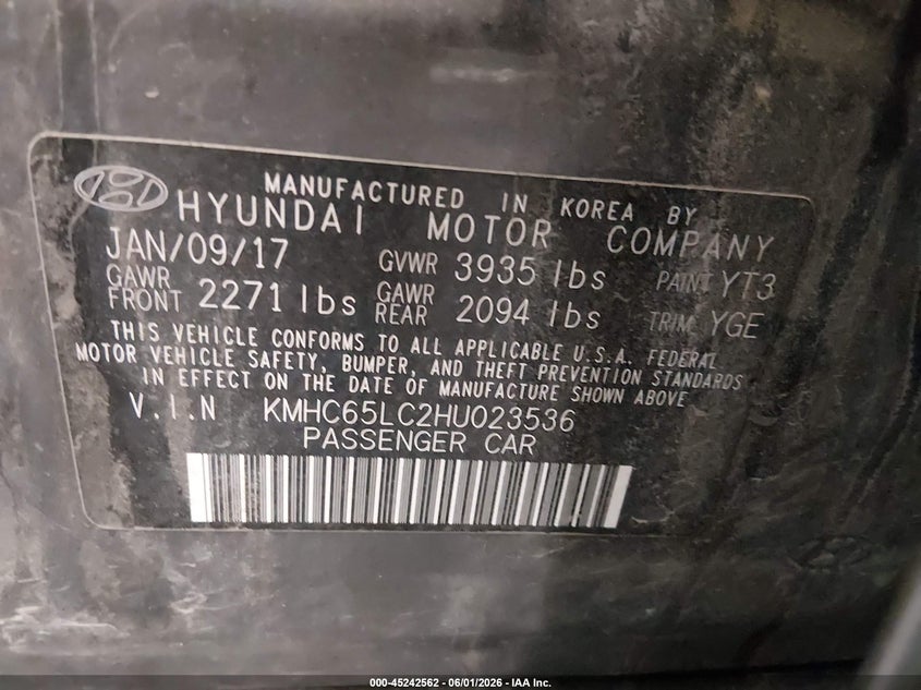 2017 Hyundai Ioniq VIN KMHC65LC2HU023536 IAAI salvage auction — FRONT END, Salvage Title, sold $1,050 on 2026-07-07 (photo 9)