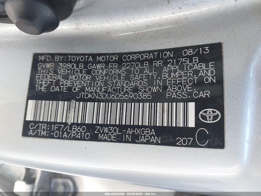 2013 Toyota Prius VIN JTDKN3DU6D5690385 IAAI salvage auction — REAR END, Salvage Title, sold $2,450 on 2026-07-16 (photo 9)