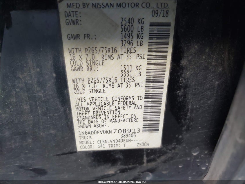 2019 Nissan Frontier VIN 1N6AD0EV0KN708913 IAAI salvage auction — FRONT END, Salvage (California), sold $7,300 on 2026-09-02 (photo 9)