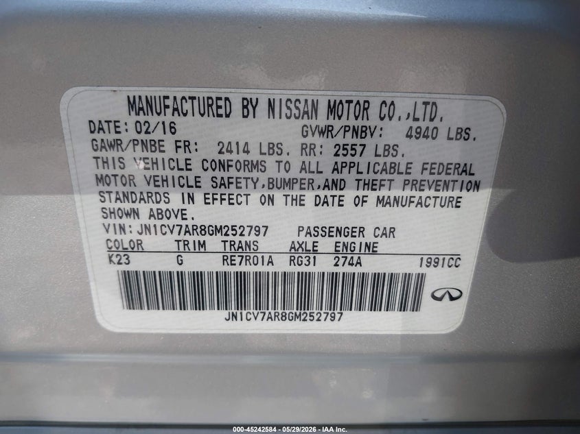 2016 Infiniti Q50 VIN JN1CV7AR8GM252797 IAAI salvage auction — RIGHT SIDE, Salvage Title, sold $1,350 on 2026-07-21 (photo 9)
