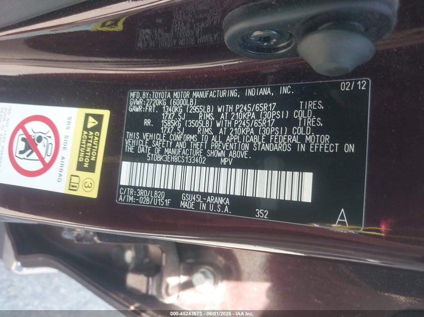 2012 Toyota Highlander VIN 5TDBK3EH8CS133402 IAAI salvage auction — LEFT FRONT, Salvage (Illinois), sold $2,800 on 2026-07-07 (photo 9)