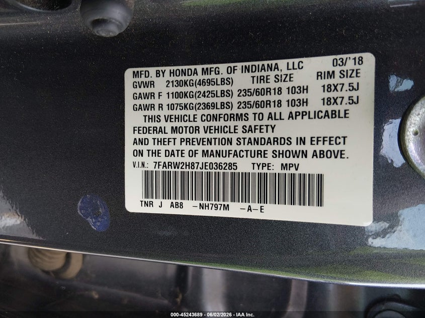 2018 Honda Cr-v VIN 7FARW2H87JE036285 IAAI salvage auction — FRONT END, Salvage Title, sold $5,400 on 2026-07-12 (photo 9)