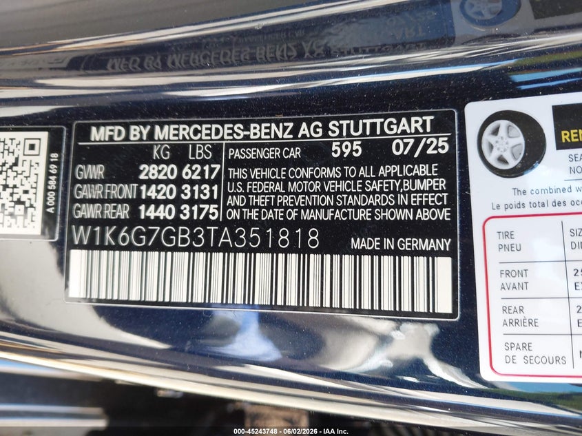 2026 Mercedes-benz S-klasse VIN W1K6G7GB3TA351818 IAAI salvage auction — FRONT END, Salvage Title, sold $12,100 on 2026-07-28 (photo 9)