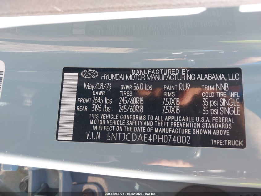 2023 Hyundai Santa cruz VIN 5NTJCDAE4PH074002 IAAI salvage auction — FRONT END, Salvage Title, sold $5,900 on 2026-07-14 (photo 9)