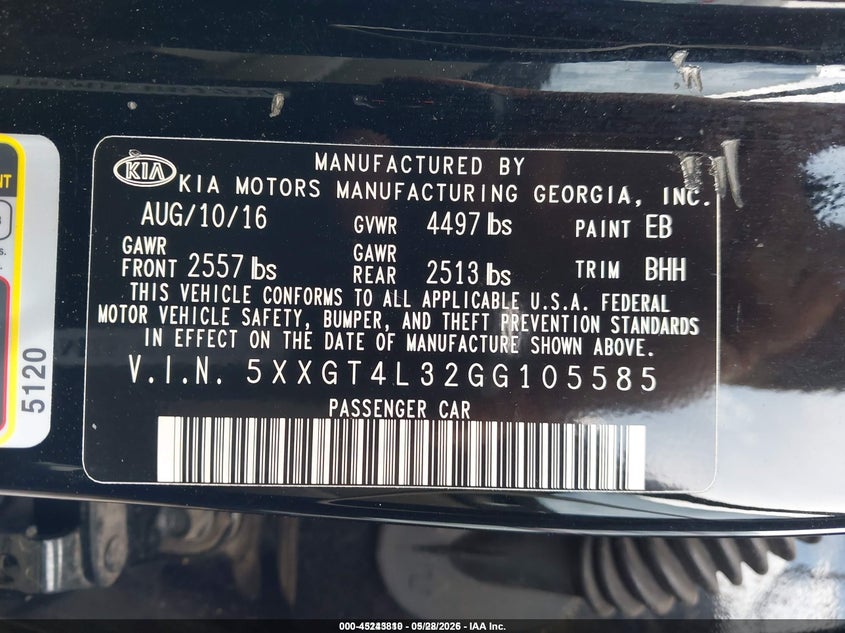 2016 Kia Optima VIN 5XXGT4L32GG105585 IAAI salvage auction — RIGHT SIDE, Salvage Title, sold $875 on 2026-07-15 (photo 9)