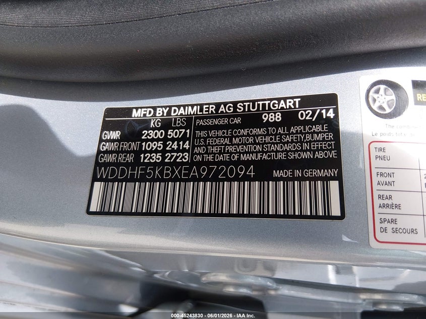 2014 Mercedes-benz E-klasse VIN WDDHF5KBXEA972094 IAAI salvage auction — WATER/FLOOD, Salvage (Texas), sold $2,850 on 2026-07-31 (photo 9)