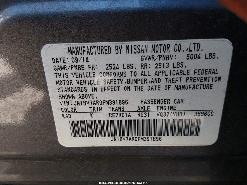 2015 Infiniti Q50 VIN JN1BV7AR0FM391896 IAAI salvage auction — FRONT END, Clear (Indiana), sold $2,950 on 2026-07-18 (photo 9)