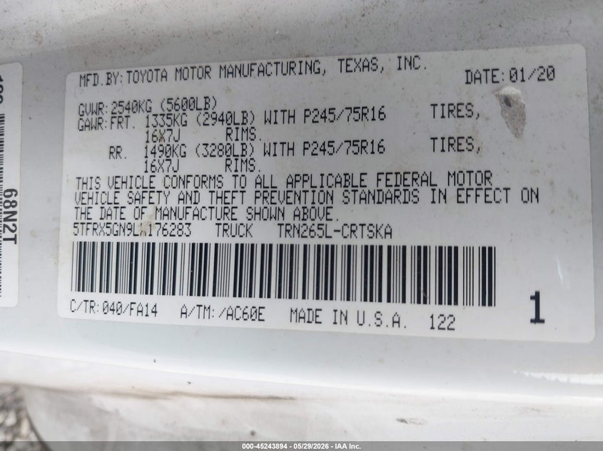 2020 Toyota Tacoma VIN 5TFRX5GN9LX176283 IAAI salvage auction — FRONT END, Salvage Title, sold $3,025 on 2026-07-20 (photo 9)