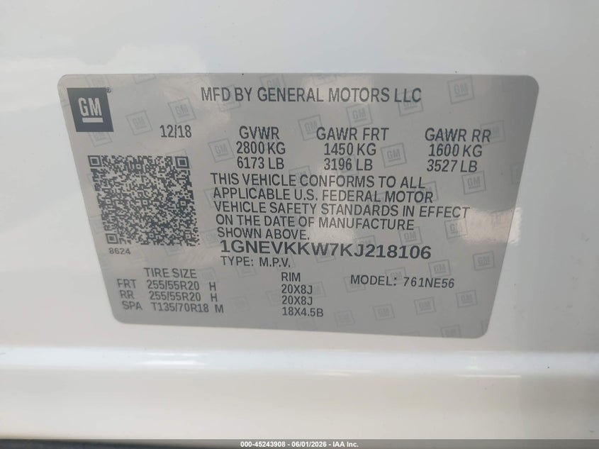 2019 Chevrolet Traverse VIN 1GNEVKKW7KJ218106 IAAI salvage auction — FRONT END, Salvage Title, sold $3,800 on 2026-07-09 (photo 9)