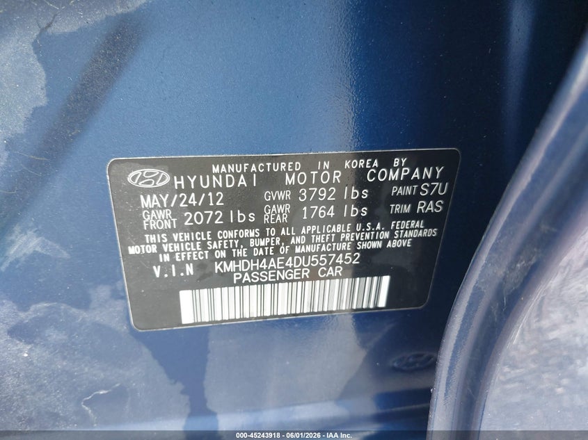 2013 Hyundai Elantra VIN KMHDH4AE4DU557452 IAAI salvage auction — THEFT, Salvage Title, sold $1,050 on 2026-08-01 (photo 9)