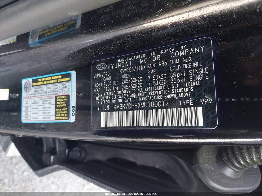 2021 Hyundai Palisade VIN KM8R7DHEXMU180012 IAAI salvage auction — FRONT END, Salvage Title, sold $6,500 on 2026-07-21 (photo 9)