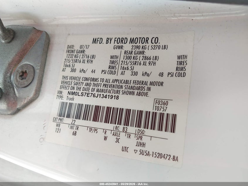 2018 Ford VIN NM0LS7E76J1341918 IAAI salvage auction — NORMAL WEAR, Sf97 (Florida), sold $17,900 on 2026-07-16 (photo 9)