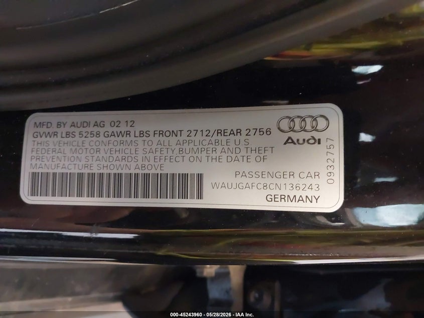 2012 Audi A6 VIN WAUJGAFC8CN136243 IAAI salvage auction — FRONT END, Salvage (Texas), sold $750 on 2026-07-21 (photo 9)