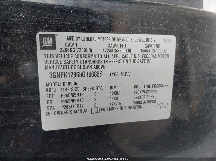 2008 Chevrolet Avalanche VIN 3GNFK12368G106856 IAAI salvage auction — RIGHT FRONT, Salvage (Idaho), sold $725 on 2026-07-09 (photo 9)