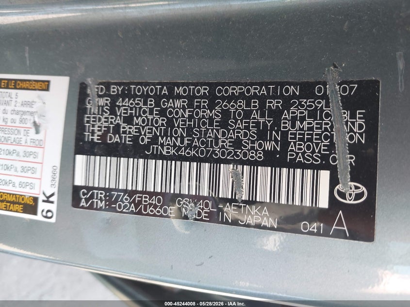 2007 Toyota Camry VIN JTNBK46K073023088 IAAI salvage auction — FRONT END, Clear (Indiana), sold $575 on 2026-07-12 (photo 9)