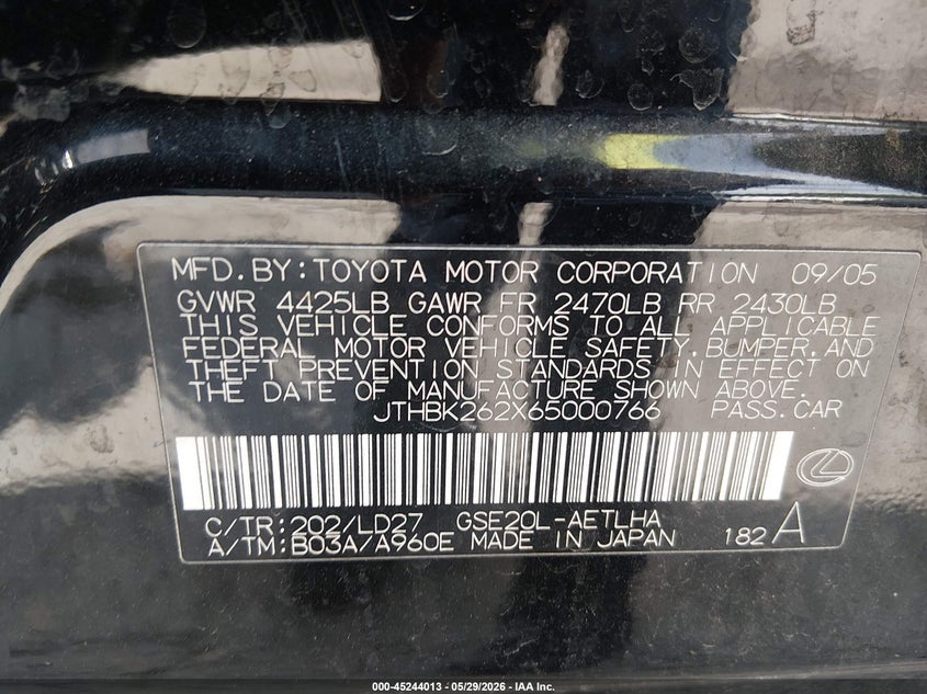 2006 Lexus Is VIN JTHBK262X65000766 IAAI salvage auction — NORMAL WEAR, Original (Texas), sold $200 on 2026-07-20 (photo 9)