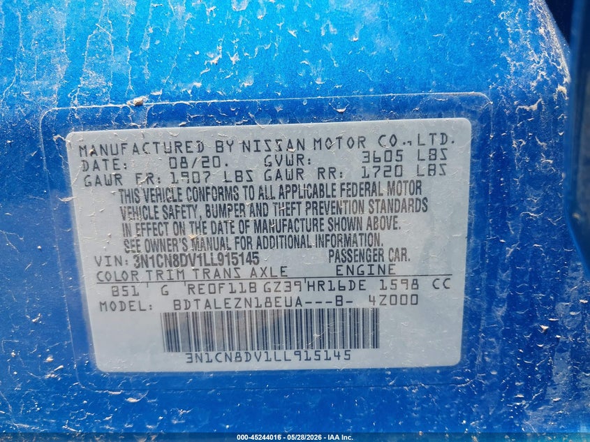 2020 Nissan Versa VIN 3N1CN8DV1LL915145 IAAI salvage auction — NORMAL WEAR, Salvage Title, sold $750 on 2026-07-30 (photo 9)