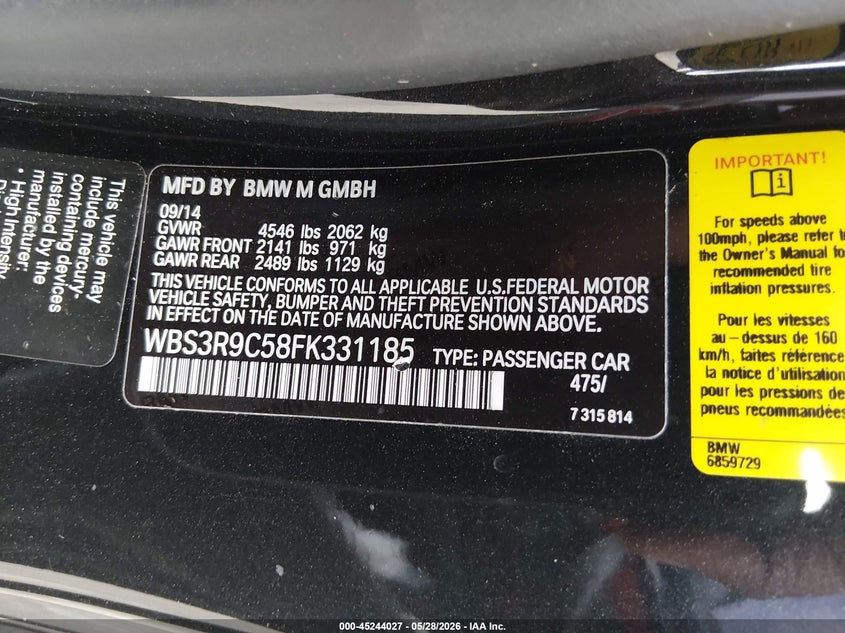 2015 BMW M4 VIN WBS3R9C58FK331185 IAAI salvage auction — FRONT END, Salvage Title, sold $8,800 on 2026-08-01 (photo 9)