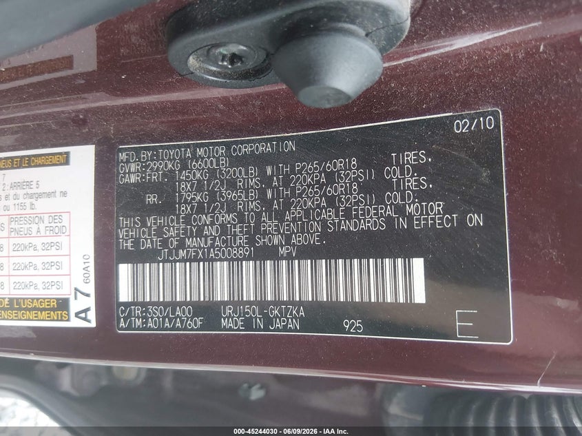 2010 Lexus Gx 460 VIN JTJJM7FX1A5008891 IAAI salvage auction — RIGHT FRONT, Salvage (West Virginia), sold $8,450 on 2026-07-22 (photo 9)