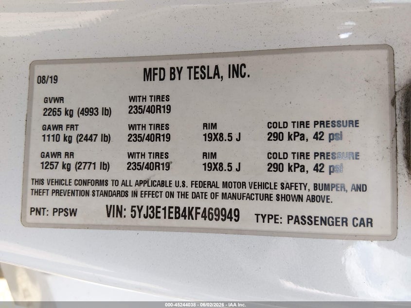 2019 Tesla Model 3 VIN 5YJ3E1EB4KF469949 IAAI salvage auction — LEFT FRONT, Salvage Title, sold $4,950 on 2026-08-01 (photo 9)