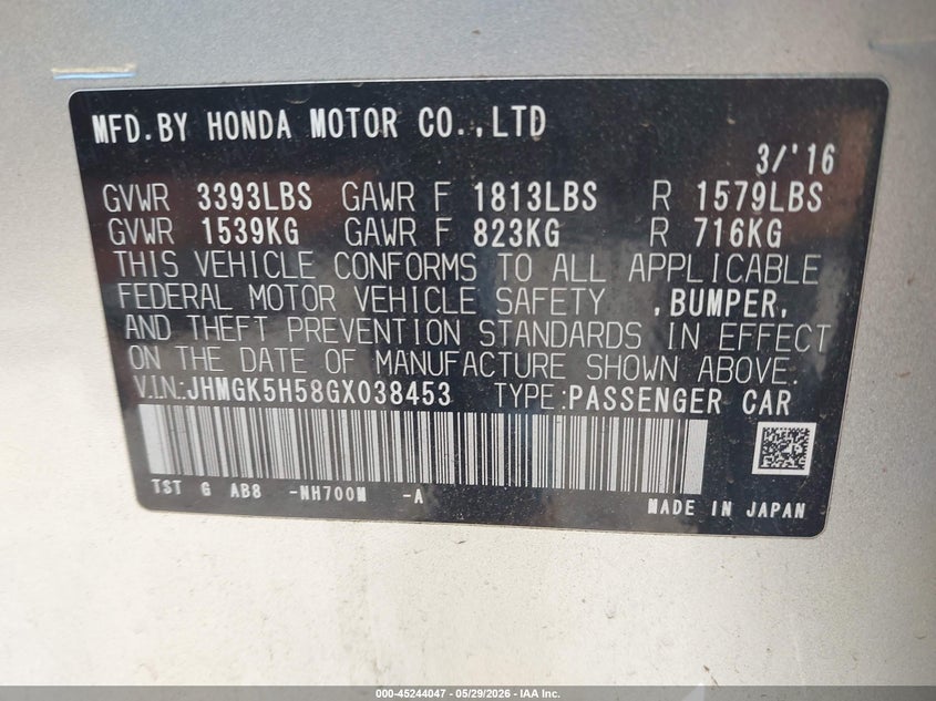 2016 Honda Fit VIN JHMGK5H58GX038453 IAAI salvage auction — FRONT END, Salvage - Greater Than 75% (Maryland), sold $3,250 on 2026-07-15 (photo 9)